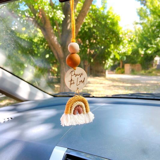 Brown and Yellow Macrame Rainbow Car Diffuser with Bible Verse hanging charm