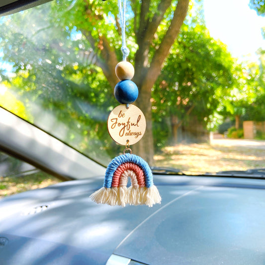 Blue and Coral Macrame Rainbow Car Diffuser with Bible Verse hanging charm
