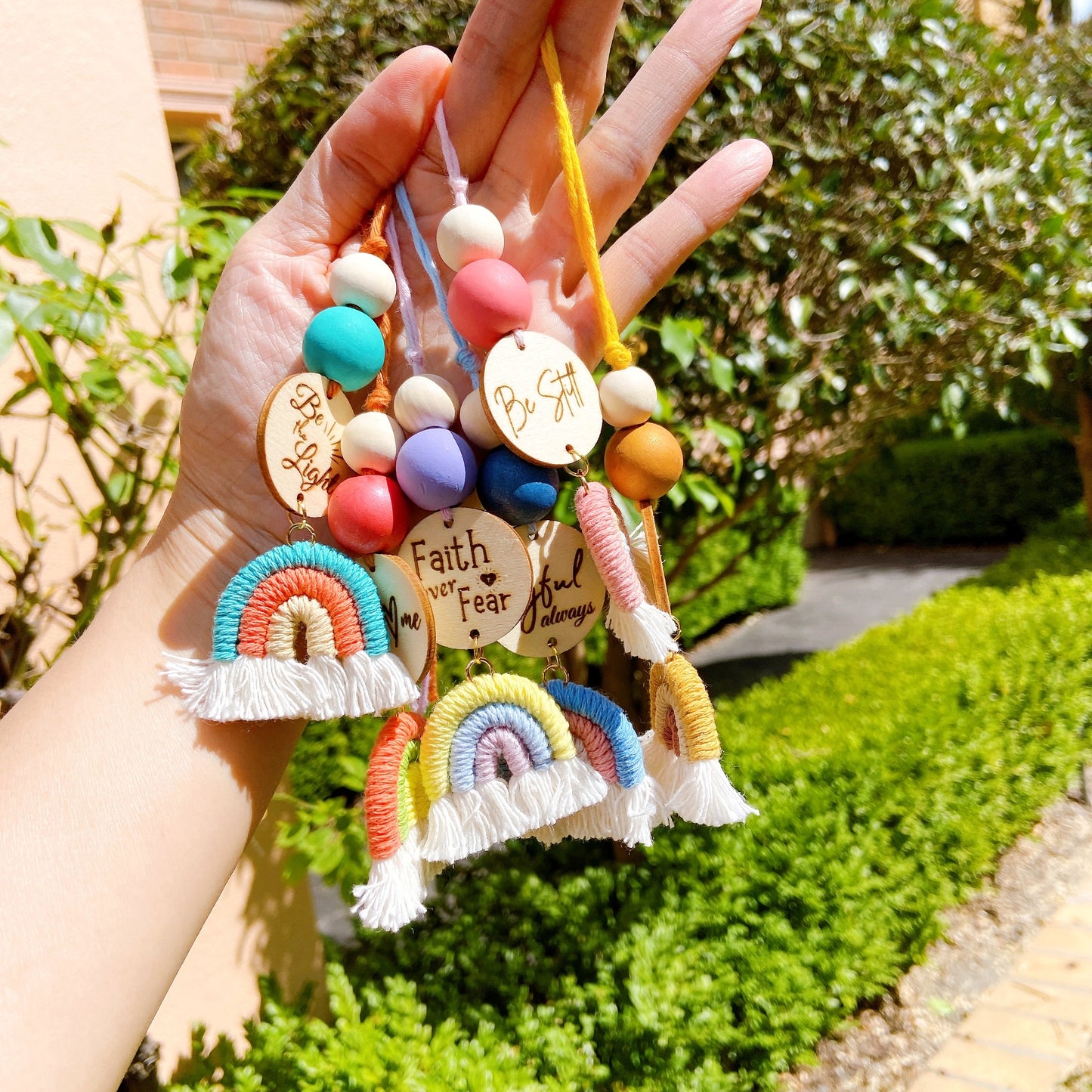 Blue and Coral Macrame Rainbow Car Diffuser with Bible Verse hanging charm