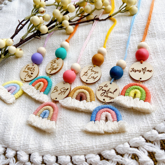 Pink and Blue Macrame Rainbow Car Diffuser with Bible Verse hanging charm