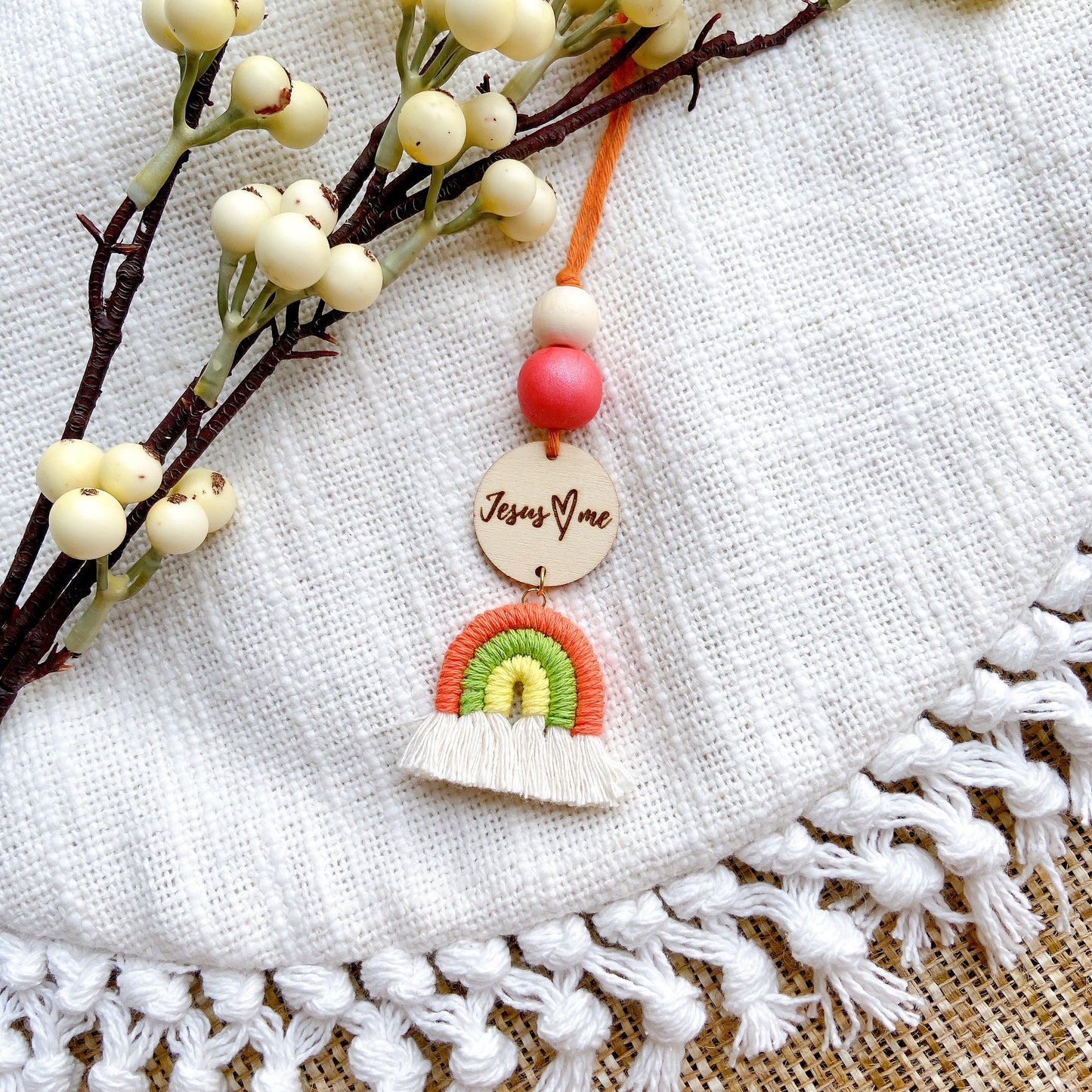 Blue and Coral Macrame Rainbow Car Diffuser with Bible Verse hanging charm