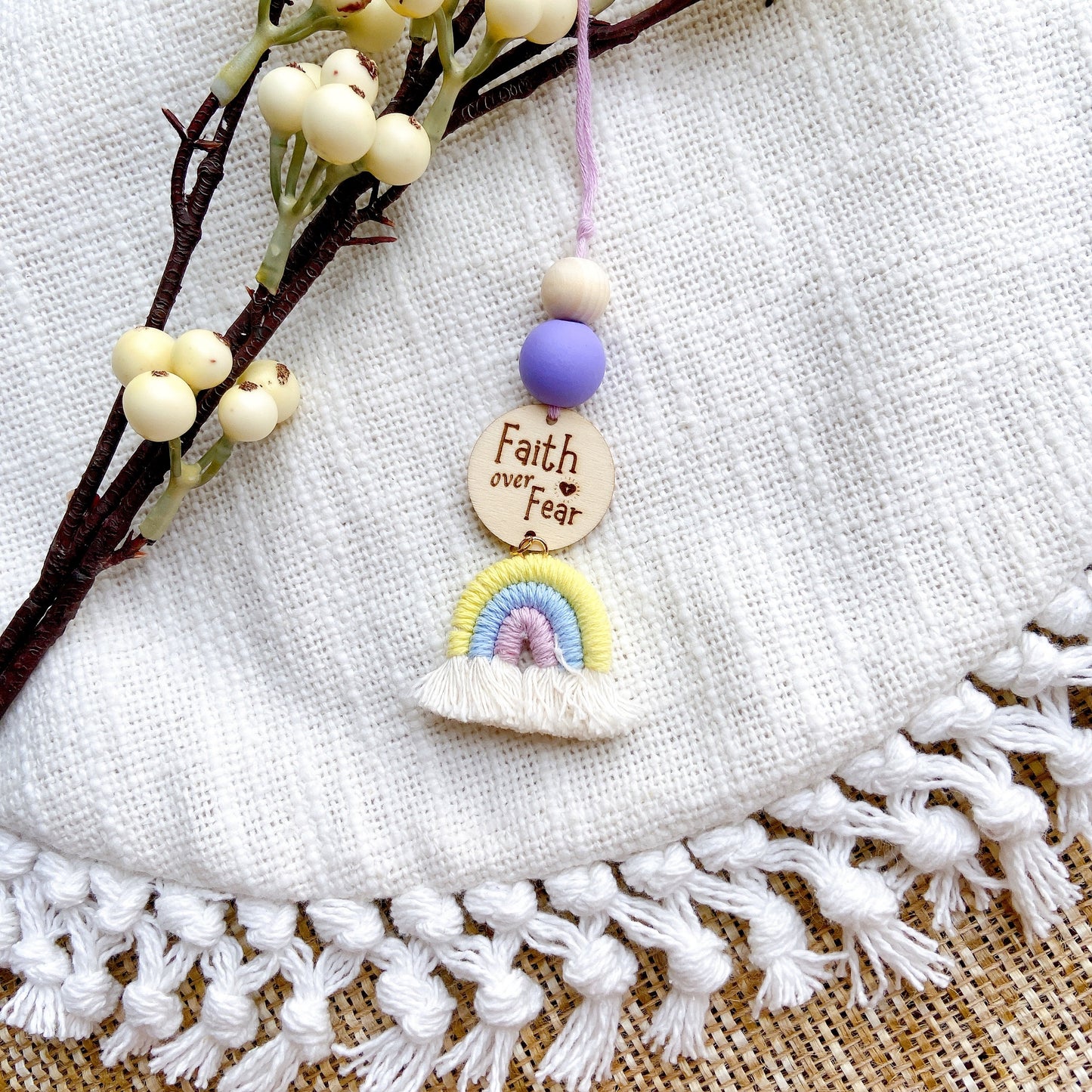 Blue and Coral Macrame Rainbow Car Diffuser with Bible Verse hanging charm