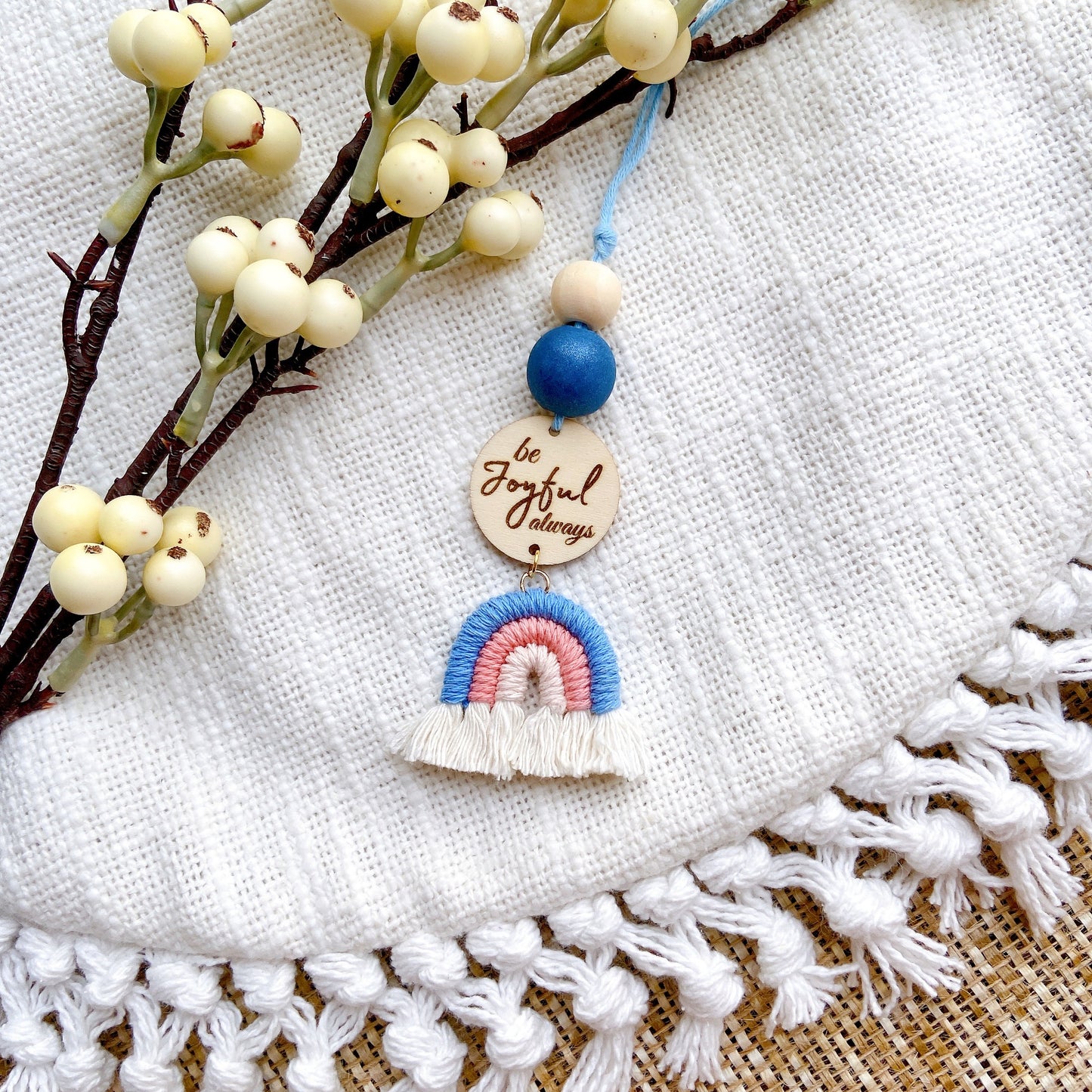 Blue and Coral Macrame Rainbow Car Diffuser with Bible Verse hanging charm