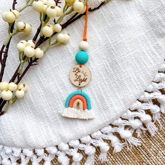 Orange and Green Macrame Rainbow Car Diffuser with Bible Verse hanging charm