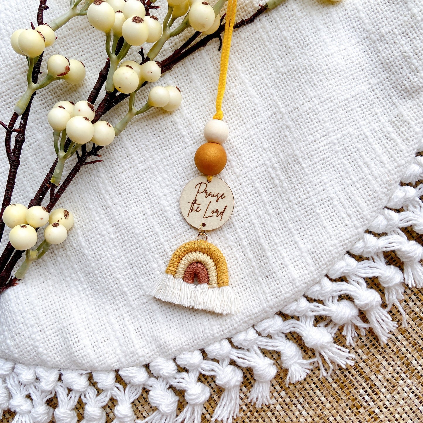 Blue and Coral Macrame Rainbow Car Diffuser with Bible Verse hanging charm