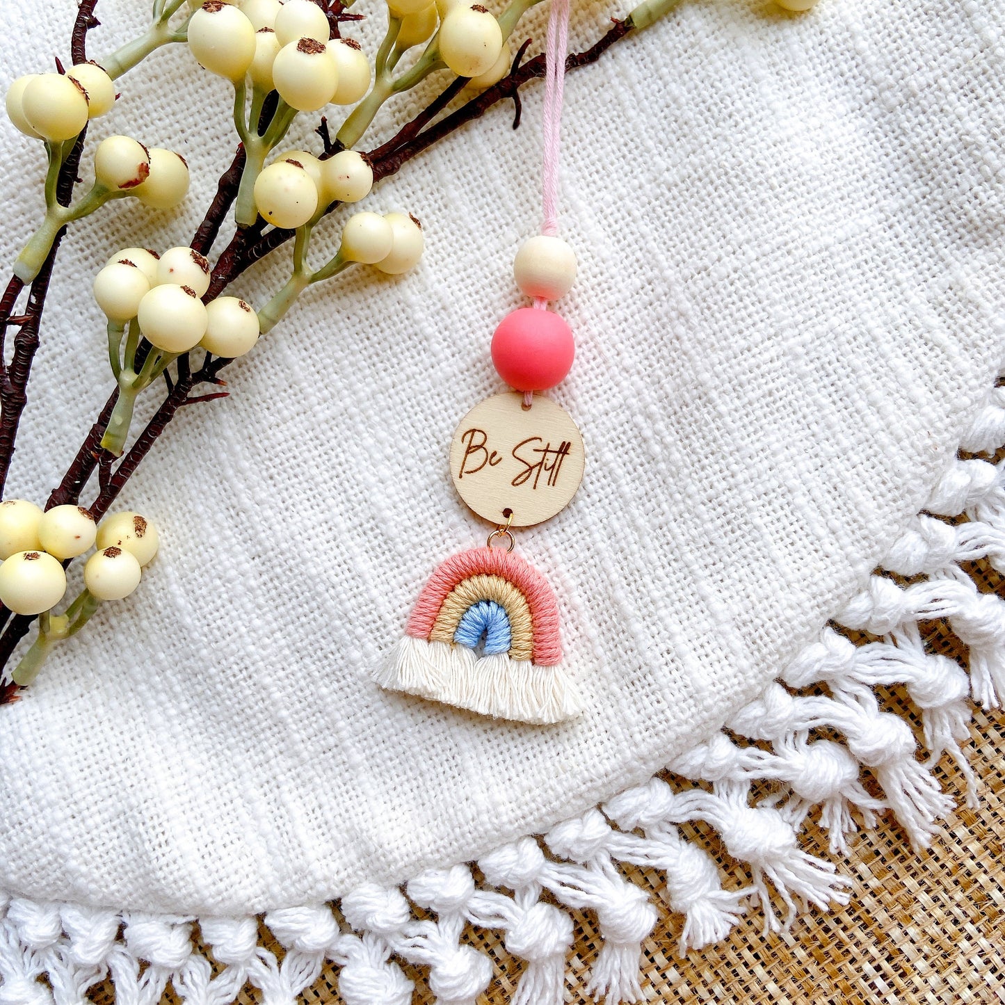 Blue and Coral Macrame Rainbow Car Diffuser with Bible Verse hanging charm