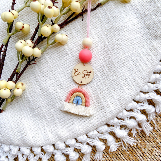 Pink and Blue Macrame Rainbow Car Diffuser with Bible Verse hanging charm