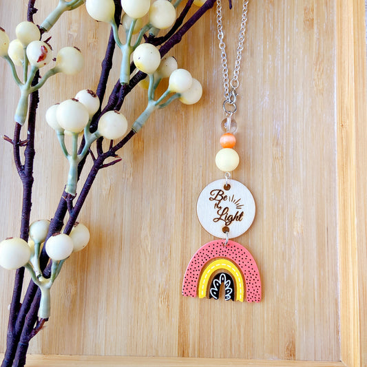 Coral & Yellow Boho Rainbow Bible Message Car Hanging Charm
