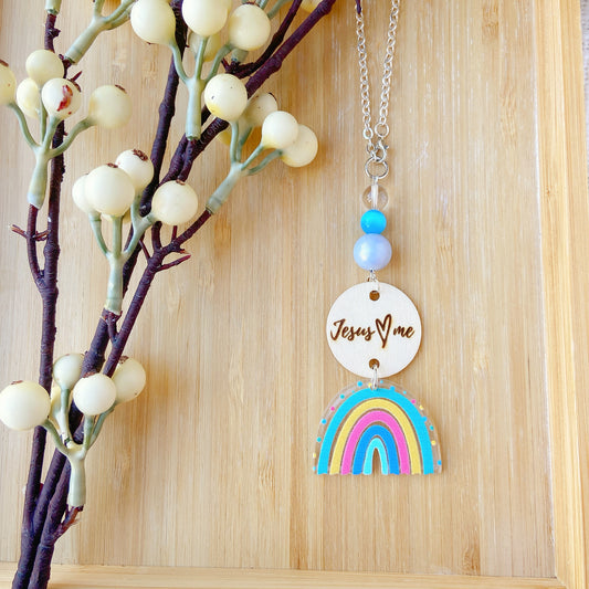 Bright Blue & Pink Boho Rainbow Bible Message Car Hanging Charm