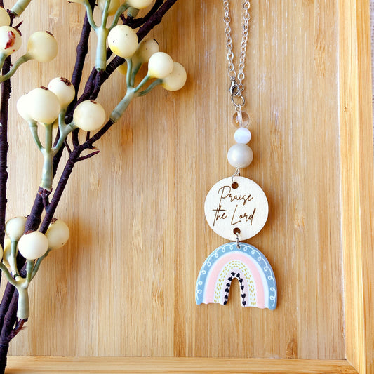 Soft Grey & Pink Boho Rainbow Bible Message Car Hanging Charm