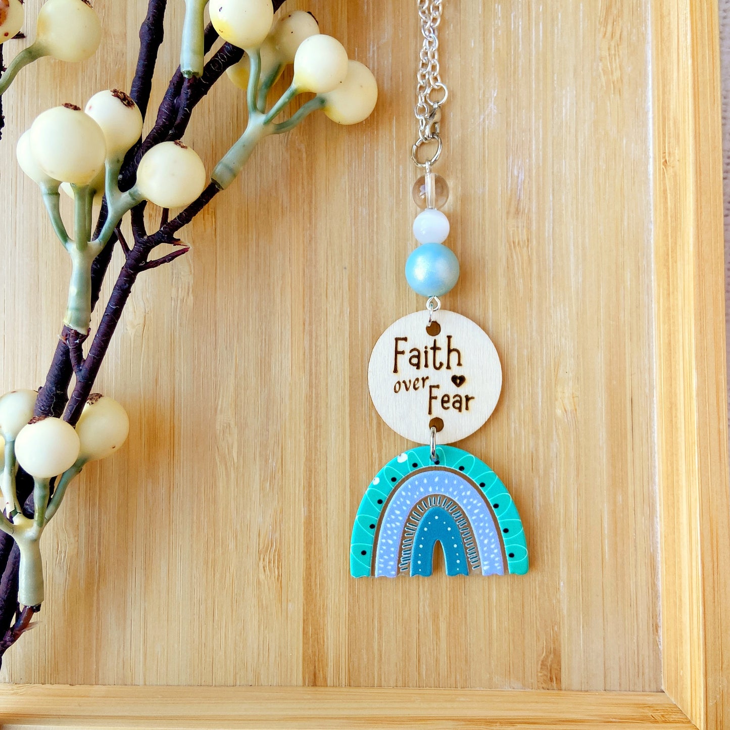 Turquoise Blue Boho Rainbow Bible Message Car Hanging Charm