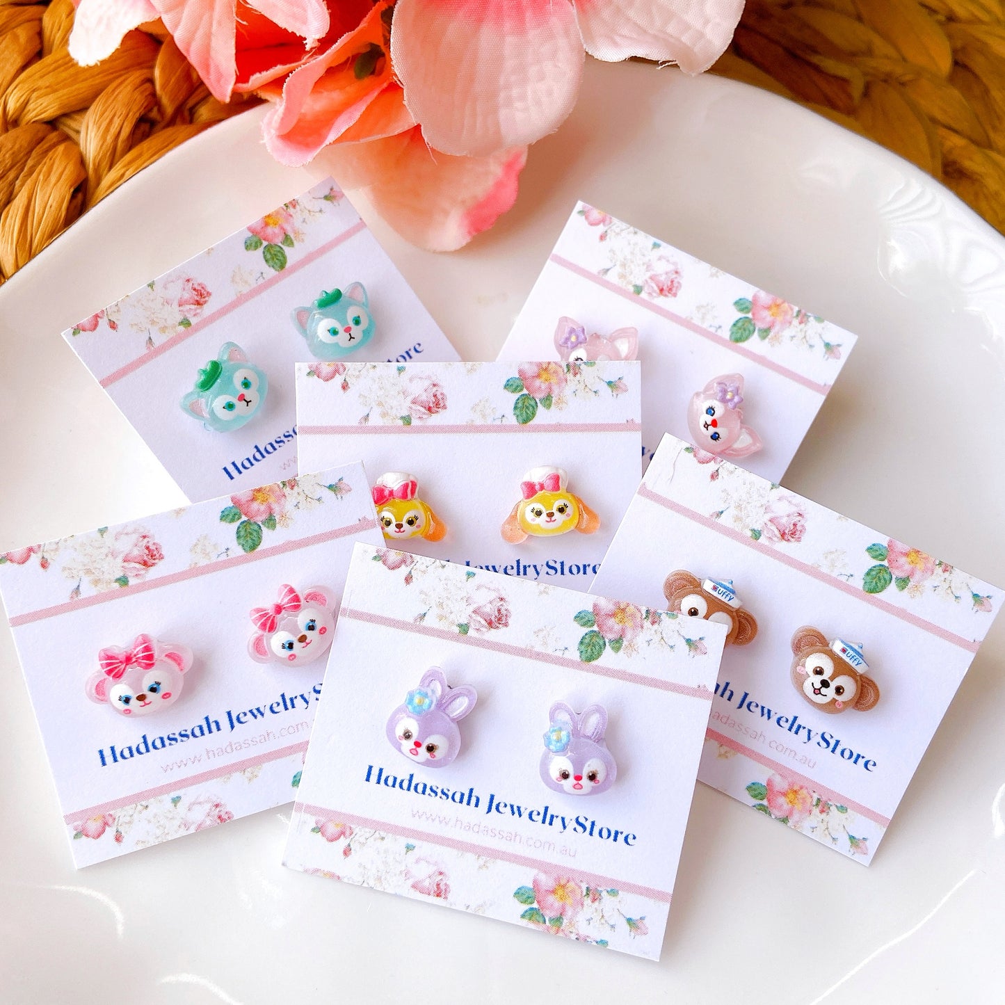 Green Cat Duffy and Friends Inspired Glitter Crystal Jelly Hypoallergenic Stud Earrings