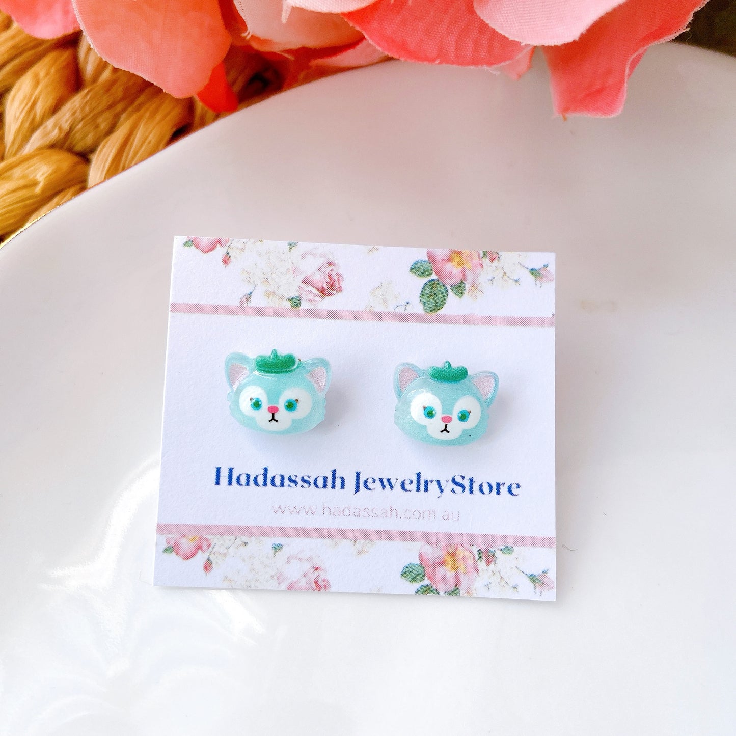 Green Cat Duffy and Friends Inspired Glitter Crystal Jelly Hypoallergenic Stud Earrings