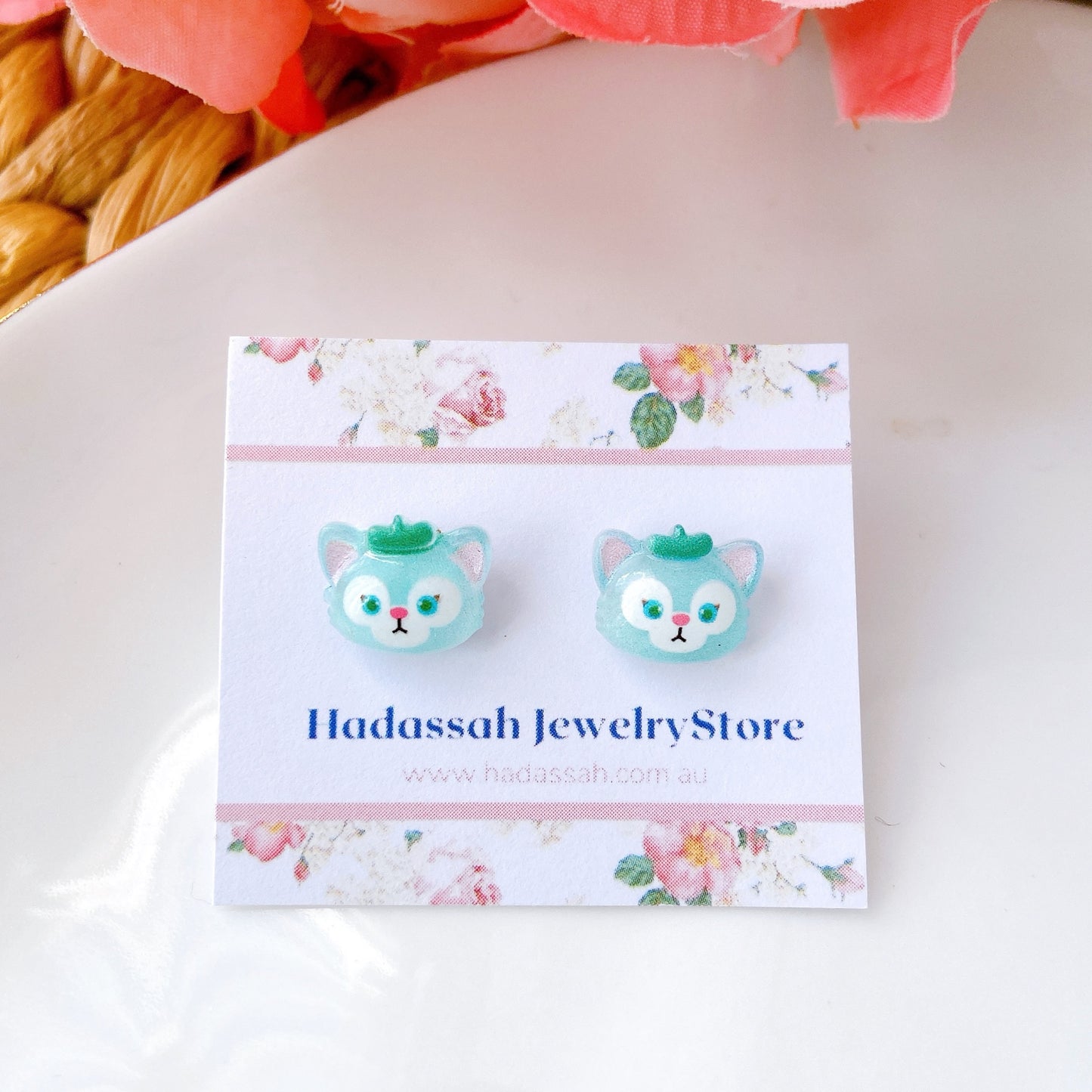 Green Cat Duffy and Friends Inspired Glitter Crystal Jelly Hypoallergenic Stud Earrings