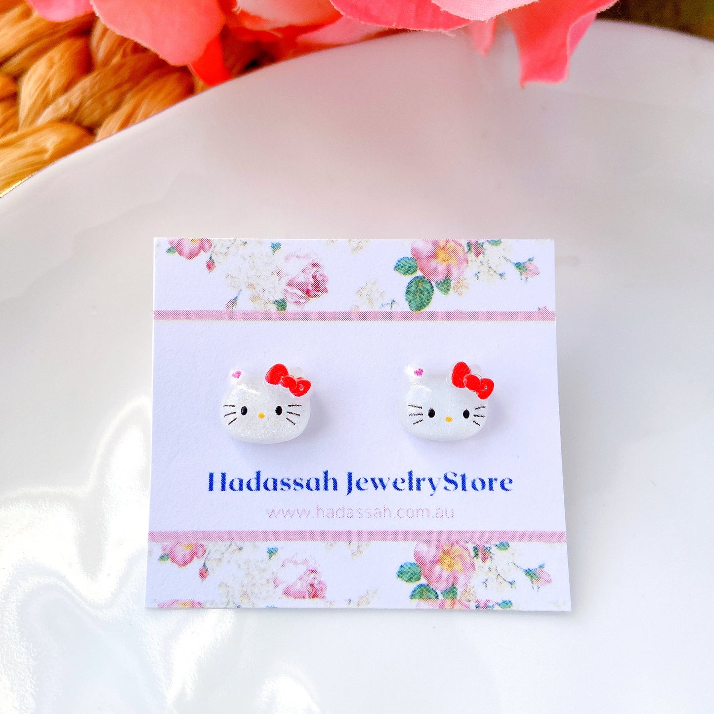 Red Bow Kitty Glitter Crystal Jelly Hypoallergenic Stud Earrings