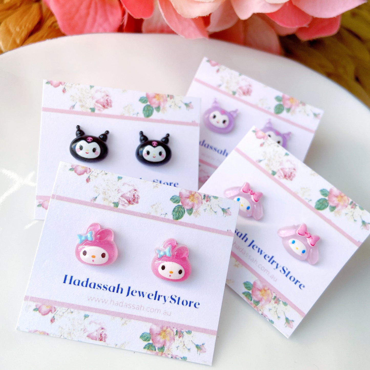 Deep Pink Glitter Crystal Jelly My Melody Inspired Hypoallergenic Stud Earrings