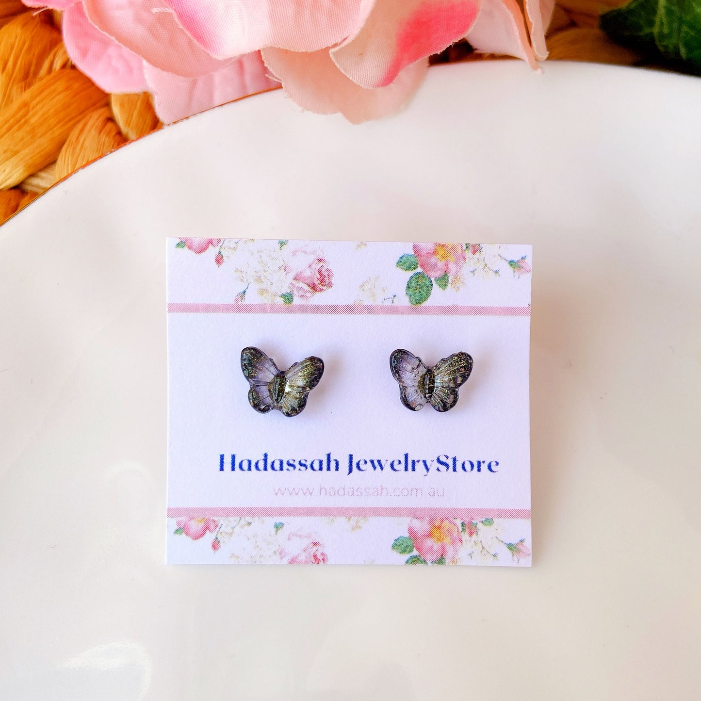 Black and Yellow Tiny Butterfly Hypoallergenic Stud Earrings