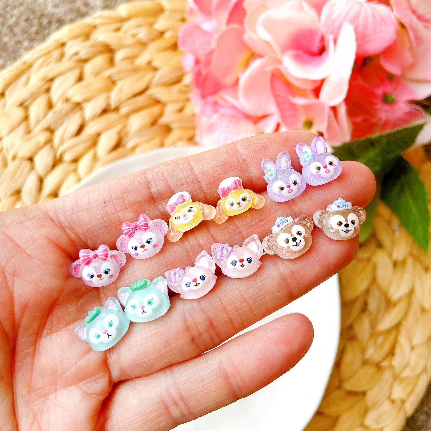 Green Cat Duffy and Friends Inspired Glitter Crystal Jelly Hypoallergenic Stud Earrings