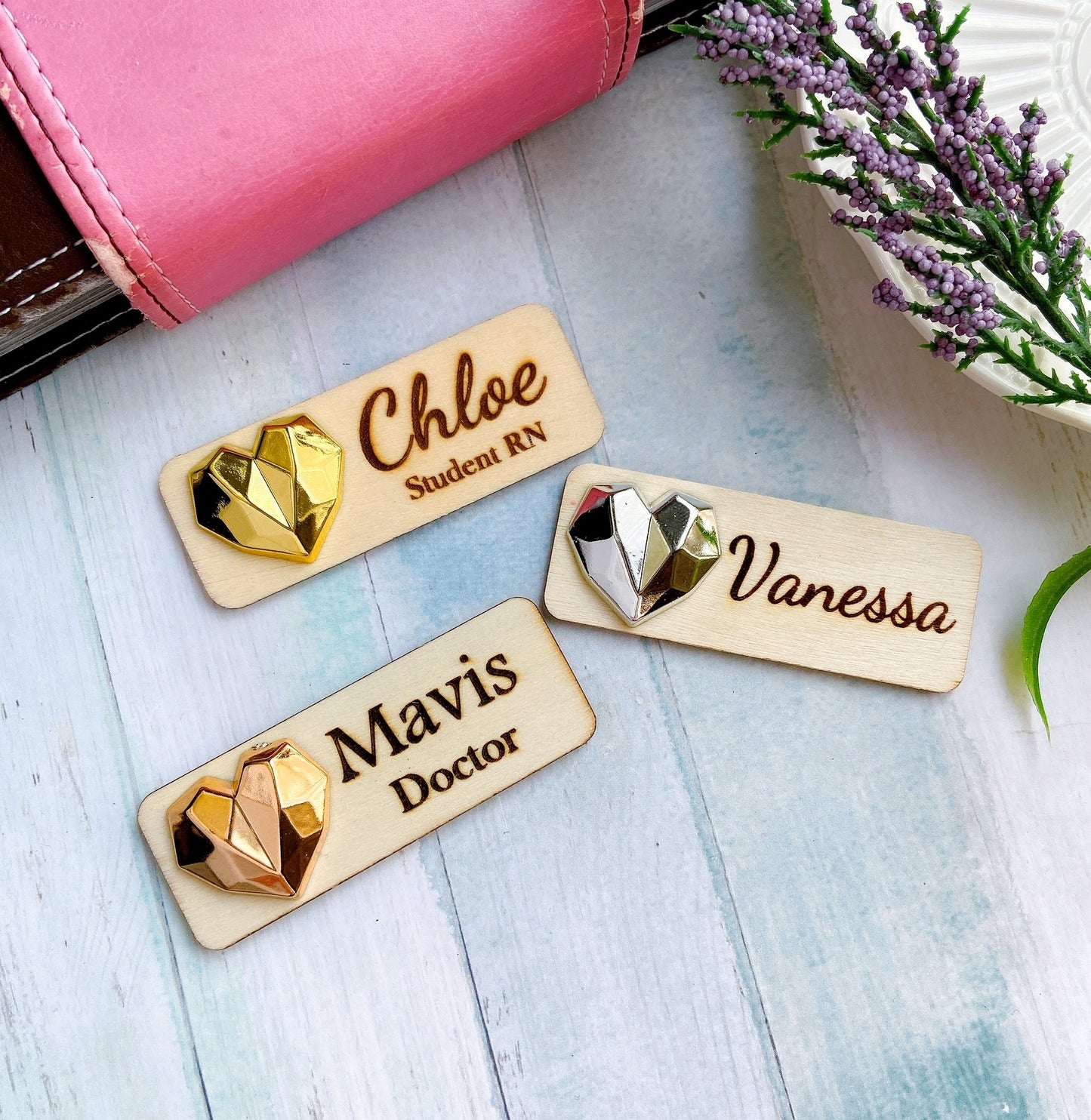 3D Metallic Golden Diamond Heart Personalized Name Tag