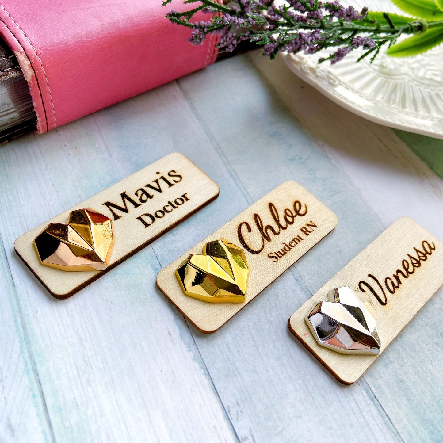 3D Metallic Golden Diamond Heart Personalized Name Tag