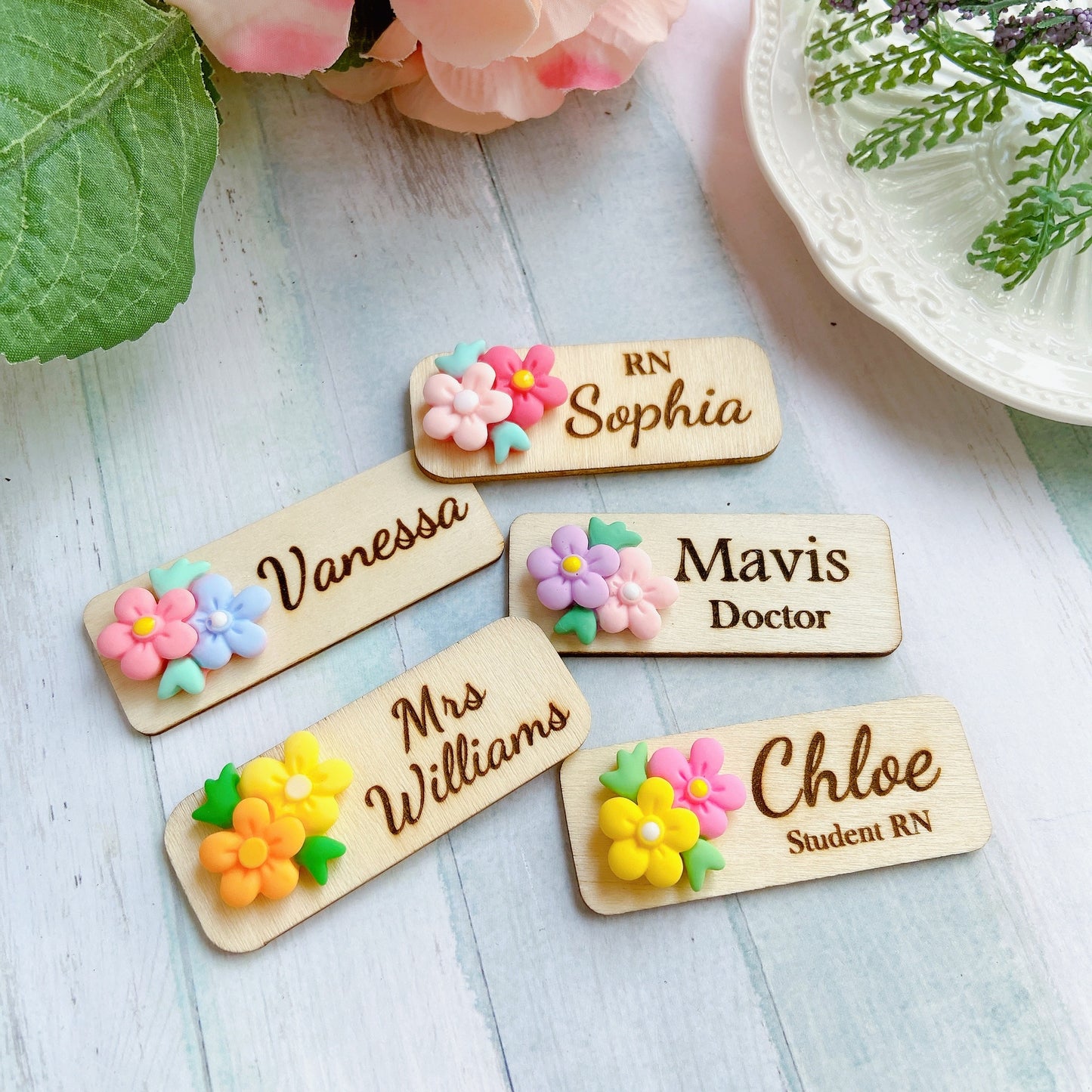 3D Blue and Pink Flower Bouquet Personalised Name Tag