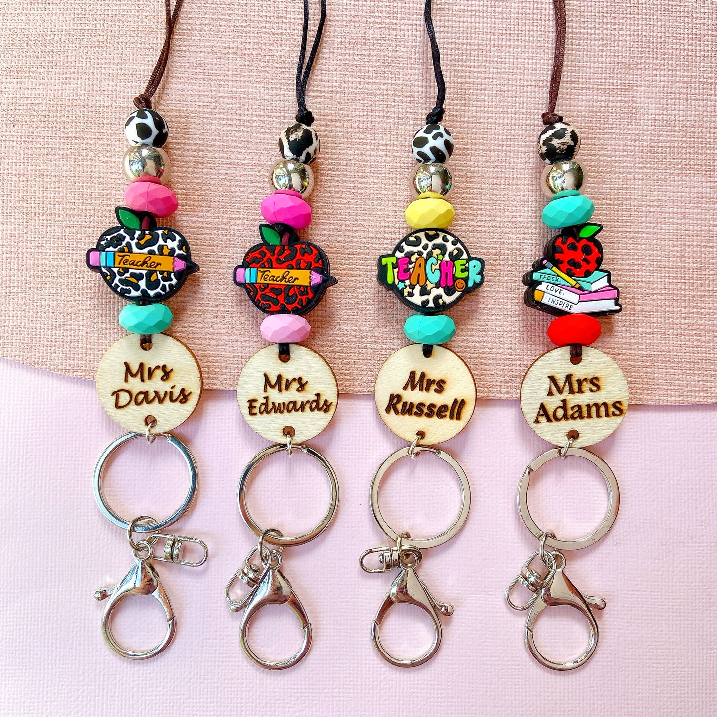 Leopard Print Apple Personalized Name Teacher ID Key Teacher Lanyard