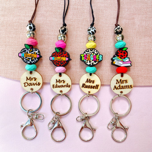 Leopard Print Apple Personalized Name Teacher ID Key Teacher Lanyard