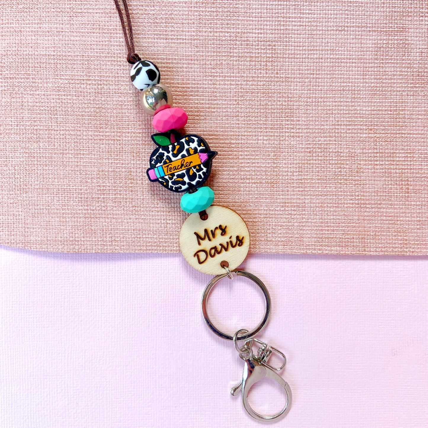 Leopard Print Apple Personalized Name Teacher ID Key Teacher Lanyard