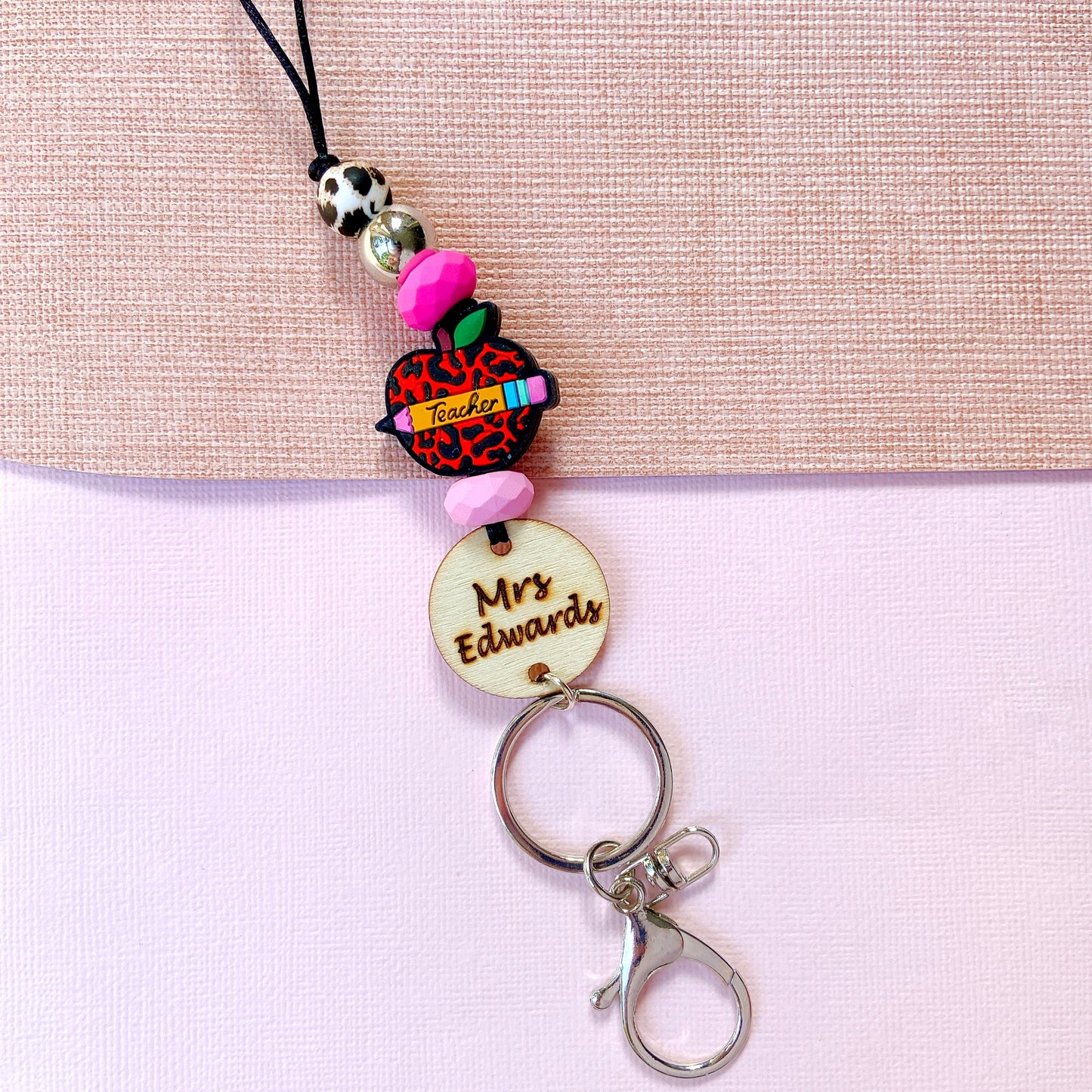 Leopard Print Apple Personalized Name Teacher ID Key Teacher Lanyard