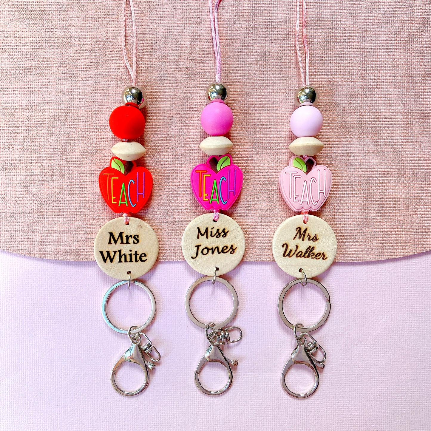 Red and Pink Apple Personalized Name Teacher ID Key Lanyard