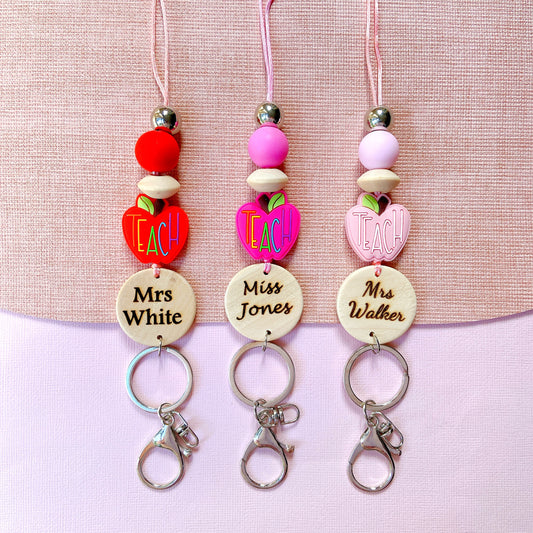 Red and Pink Apple Personalized Name Teacher ID Key Lanyard