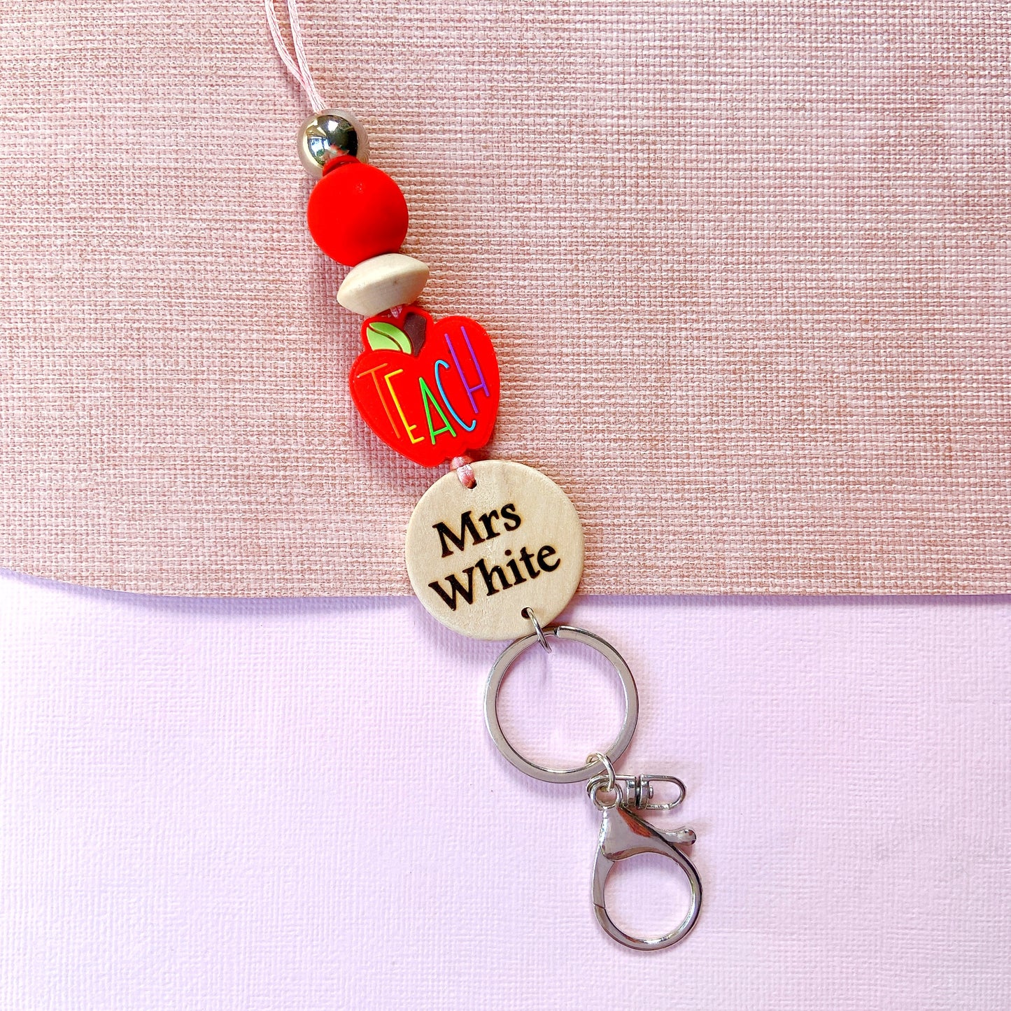 Red and Pink Apple Personalized Name Teacher ID Key Lanyard