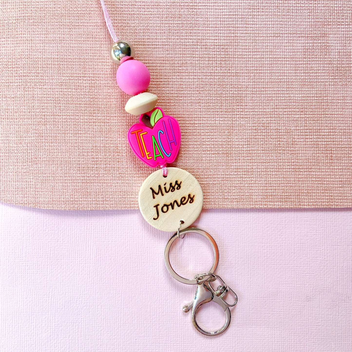 Red and Pink Apple Personalized Name Teacher ID Key Lanyard