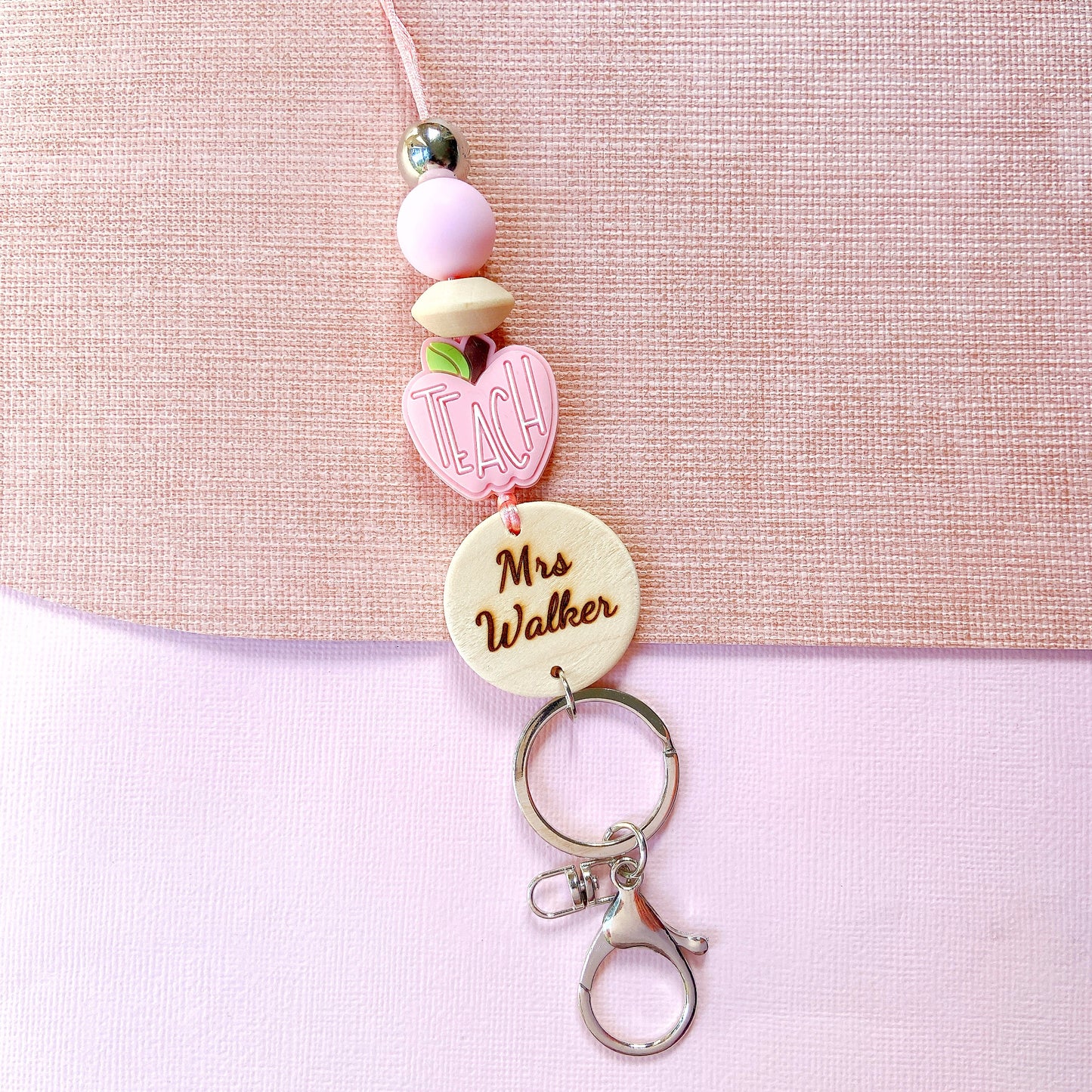 Red and Pink Apple Personalized Name Teacher ID Key Lanyard