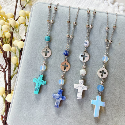 Natural Stone Cross Beaded Hanging Car Charm - Opalite Moonstone, Turquoise, Lapis Lazuli