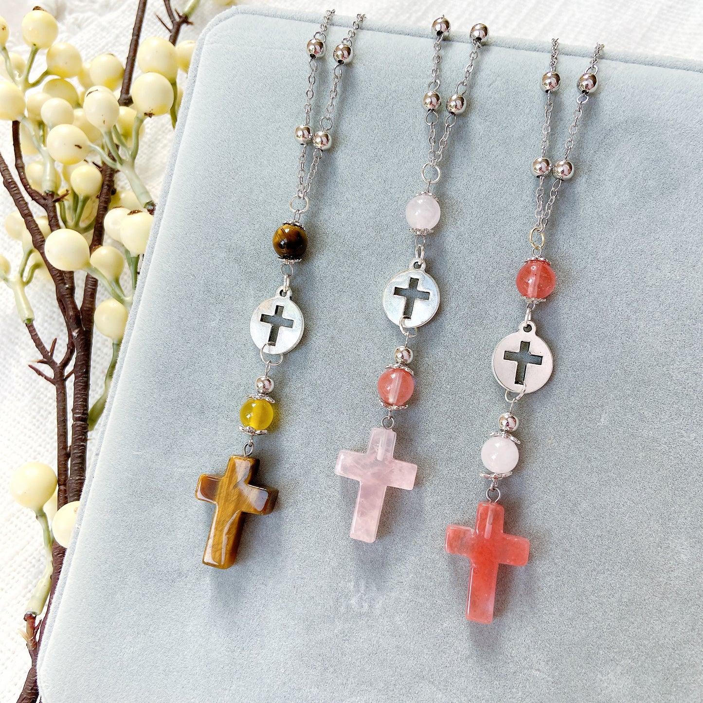 Natural Stone Cross Beaded Hanging Car Charm - Aventurine, Malachite, Onyx, Sandstone