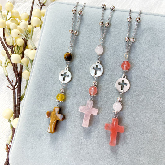 Natural Stone Cross Beaded Hanging Car Charm - Rose Quartz, Tiger Eye Stone