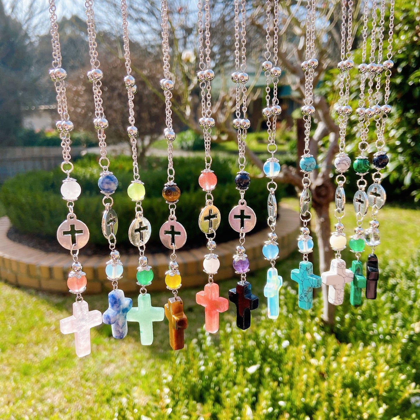 Natural Stone Cross Beaded Hanging Car Charm - Aventurine, Malachite, Onyx, Sandstone