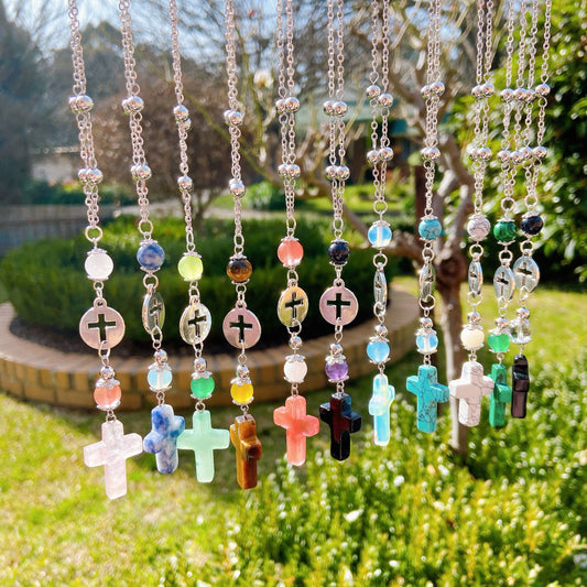 Natural Stone Cross Beaded Hanging Car Charm - Aventurine, Malachite, Onyx, Sandstone