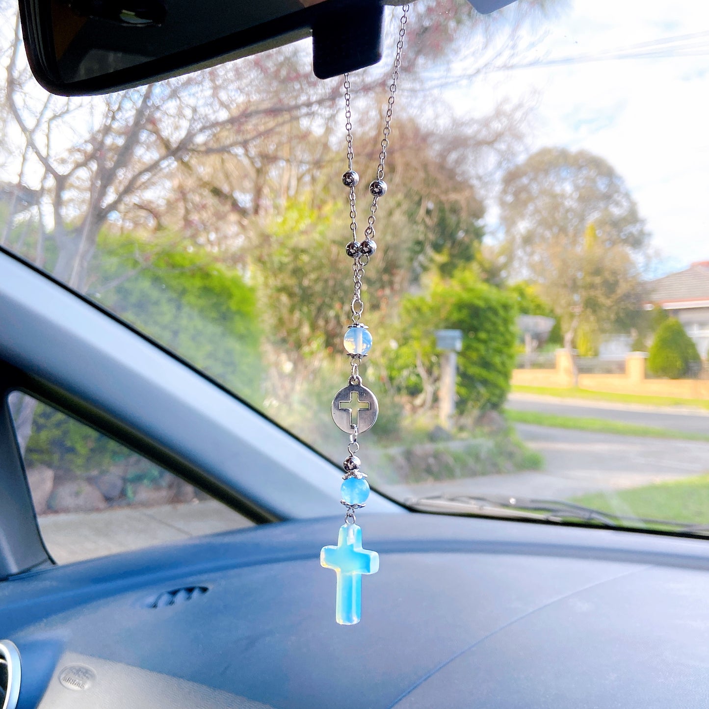 Natural Stone Cross Beaded Hanging Car Charm - Aventurine, Malachite, Onyx, Sandstone