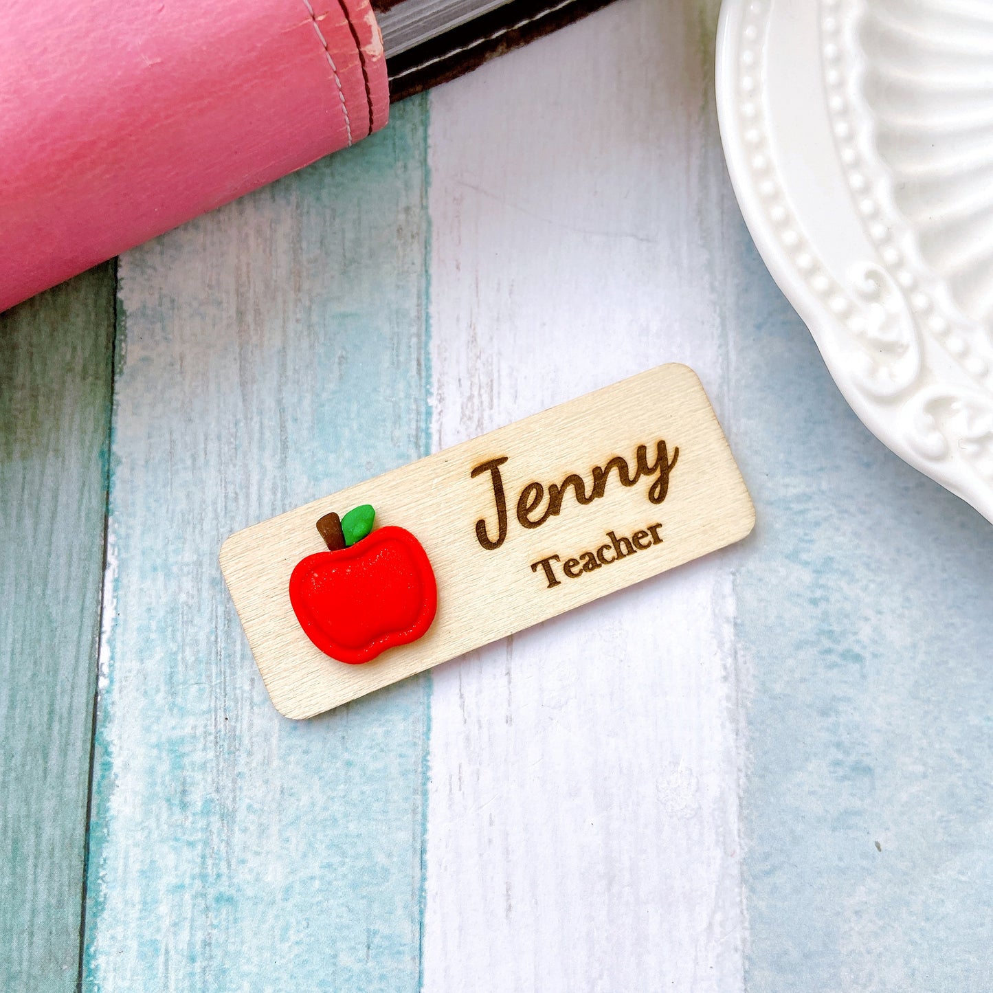 Handmade 3D Red Apple Teacher Personalised Name Tag