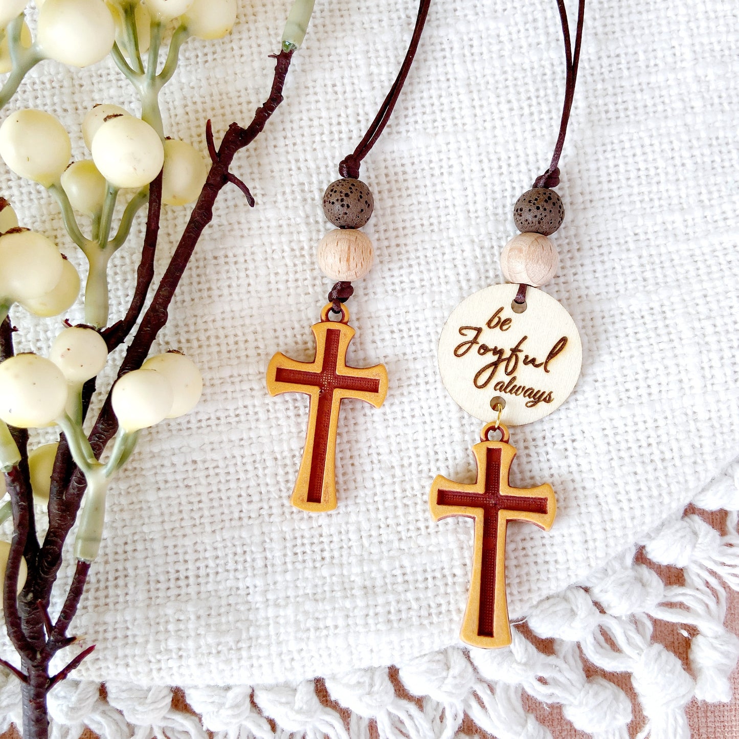 Simple Wooden Cross with Essential Oil beads & Scripture Tag