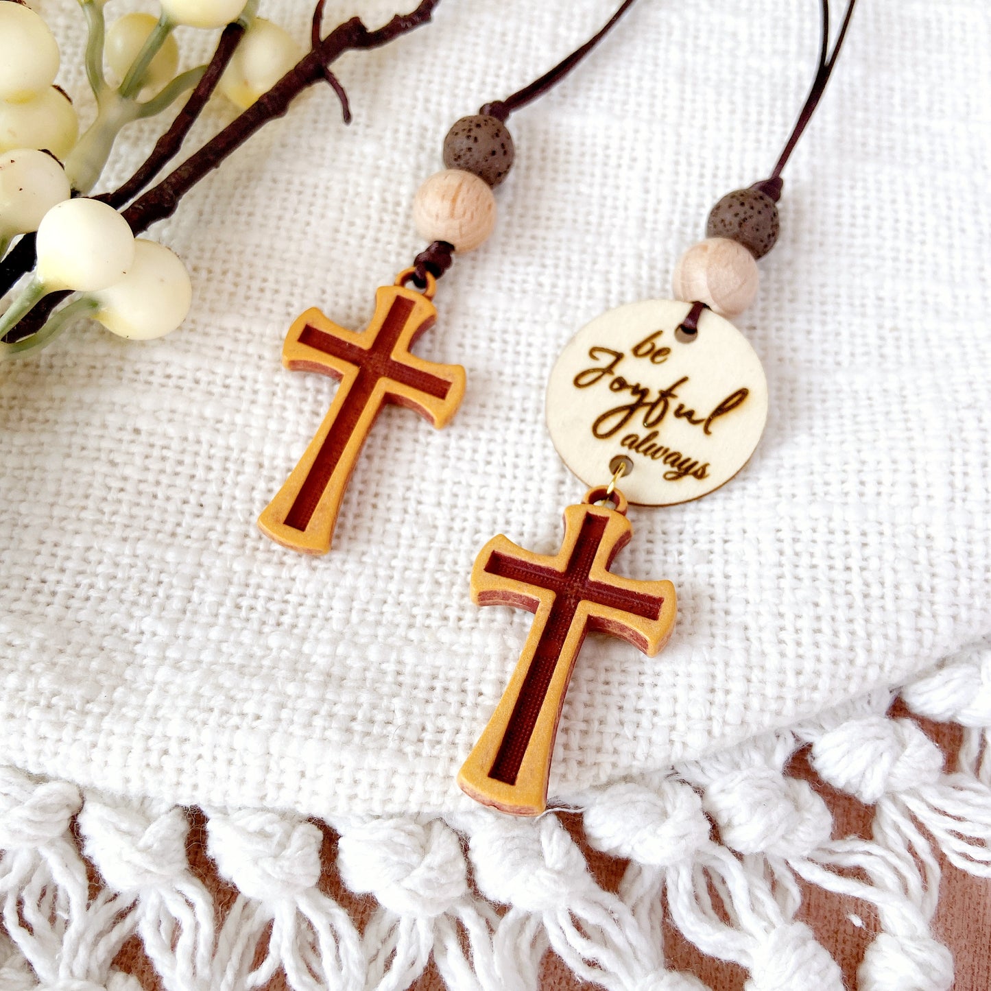 Simple Wooden Cross with Essential Oil beads & Scripture Tag