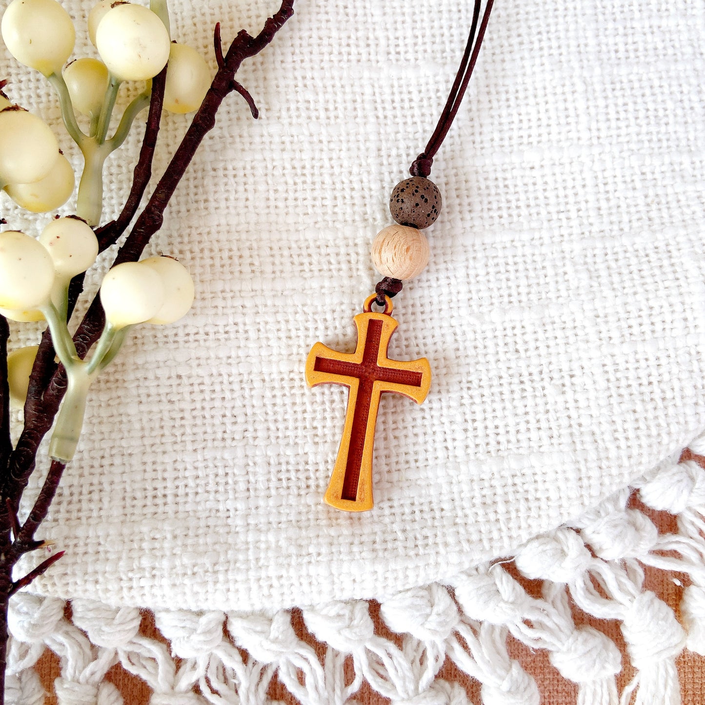 Simple Wooden Cross with Essential Oil beads & Scripture Tag