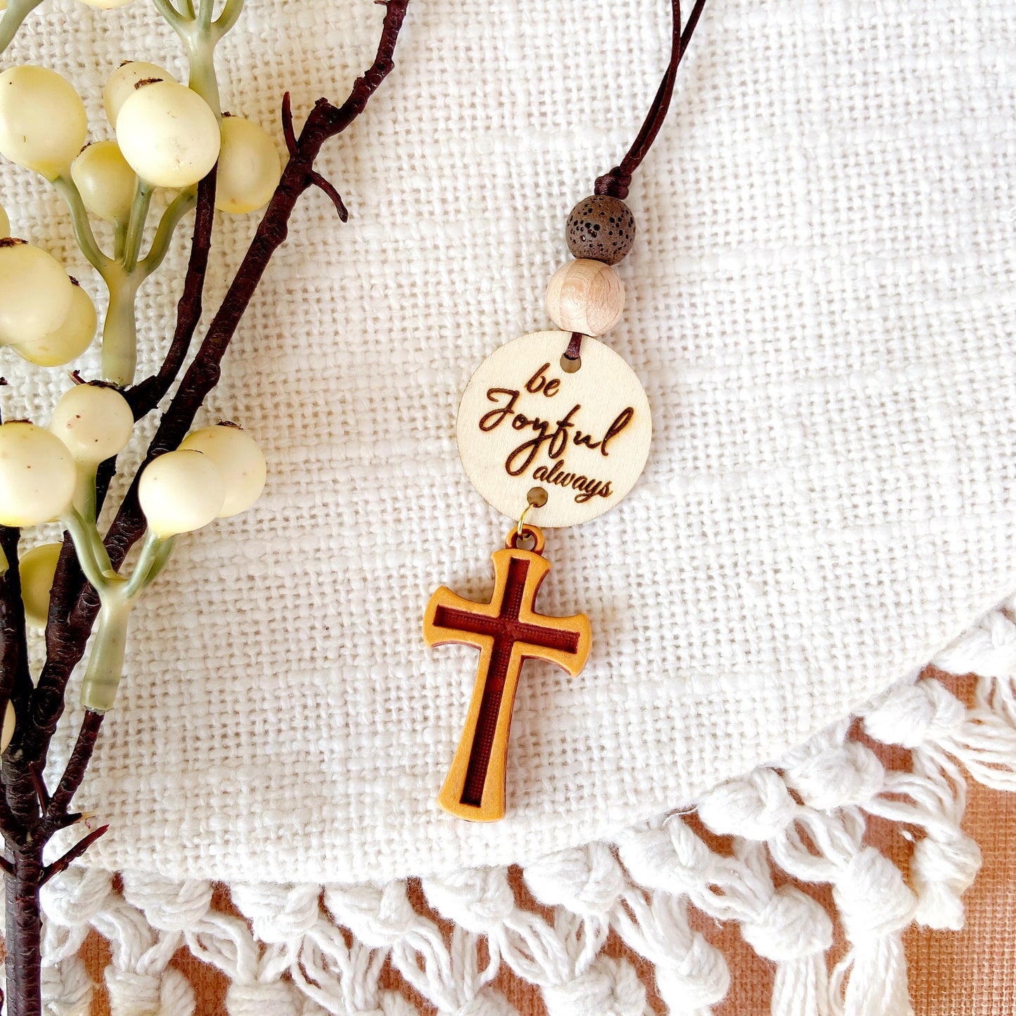 Simple Wooden Cross with Essential Oil beads & Scripture Tag