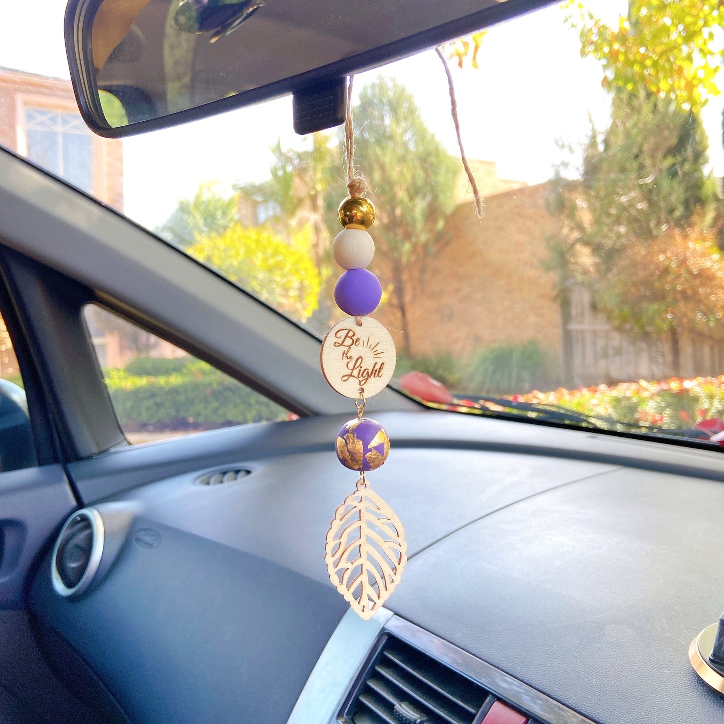 Wooden Leaf with Goldfoil Polymer Clay Beaded Essential Oil Car Hanging Charm