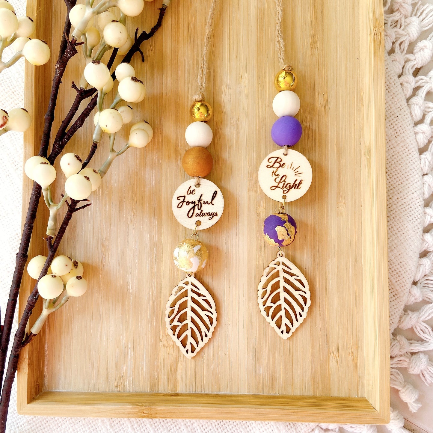 Wooden Leaf with Goldfoil Polymer Clay Beaded Essential Oil Car Hanging Charm