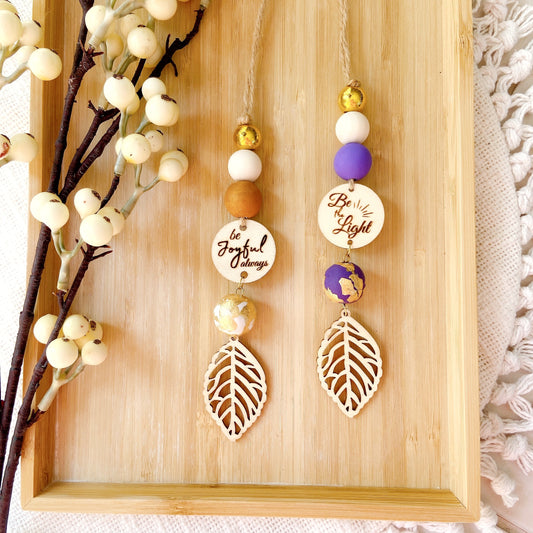 Wooden Leaf with Goldfoil Polymer Clay Beaded Essential Oil Car Hanging Charm