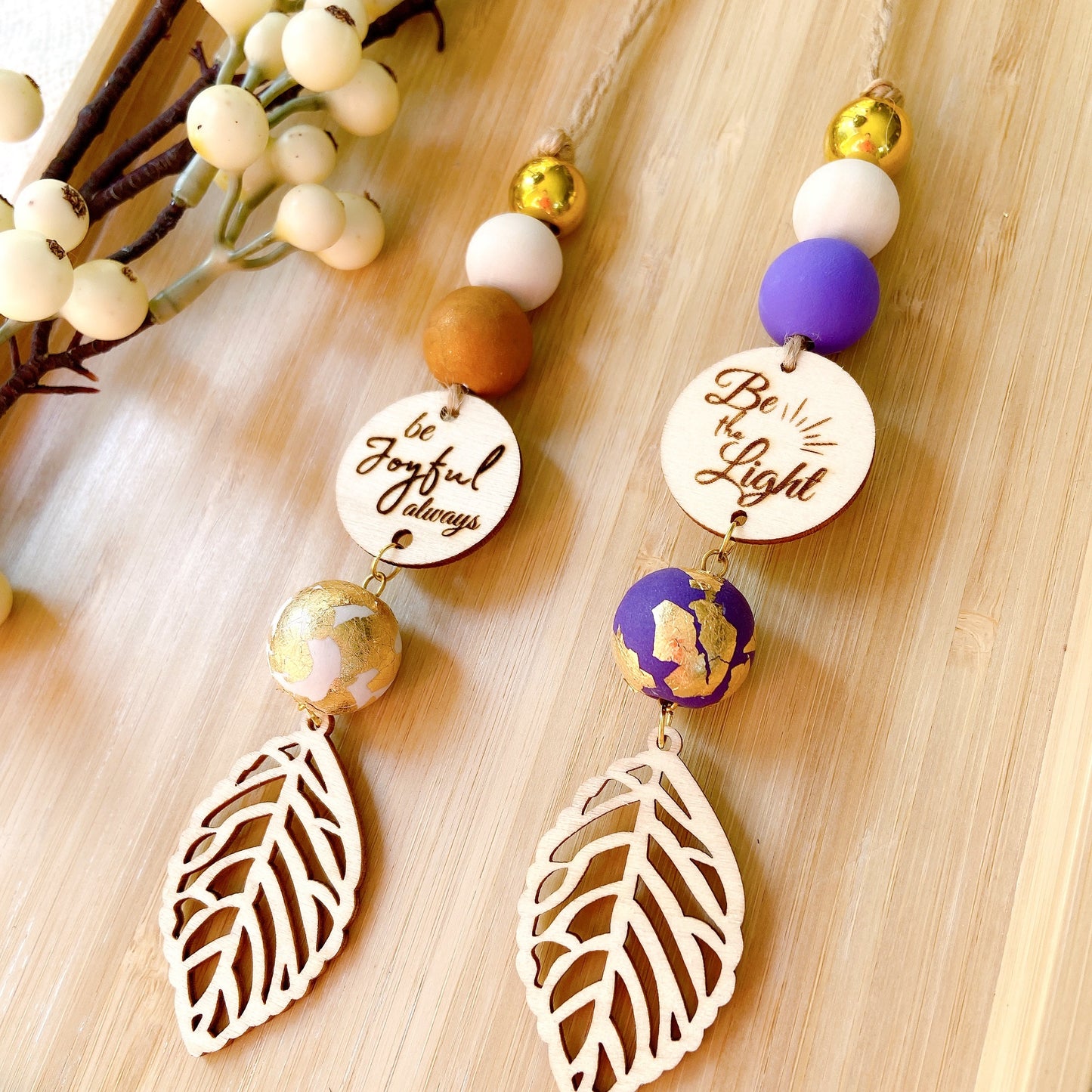 Wooden Leaf with Goldfoil Polymer Clay Beaded Essential Oil Car Hanging Charm