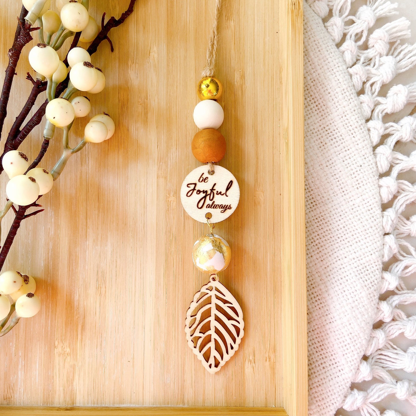 Wooden Leaf with Goldfoil Polymer Clay Beaded Essential Oil Car Hanging Charm